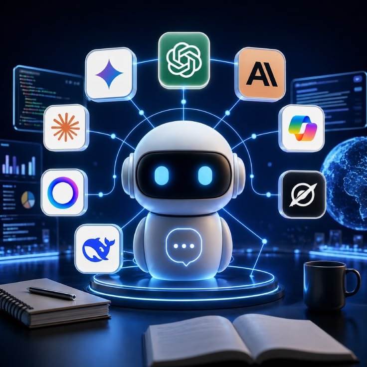 Illustration d’un chatbot connecté à plusieurs outils d’intelligence artificielle